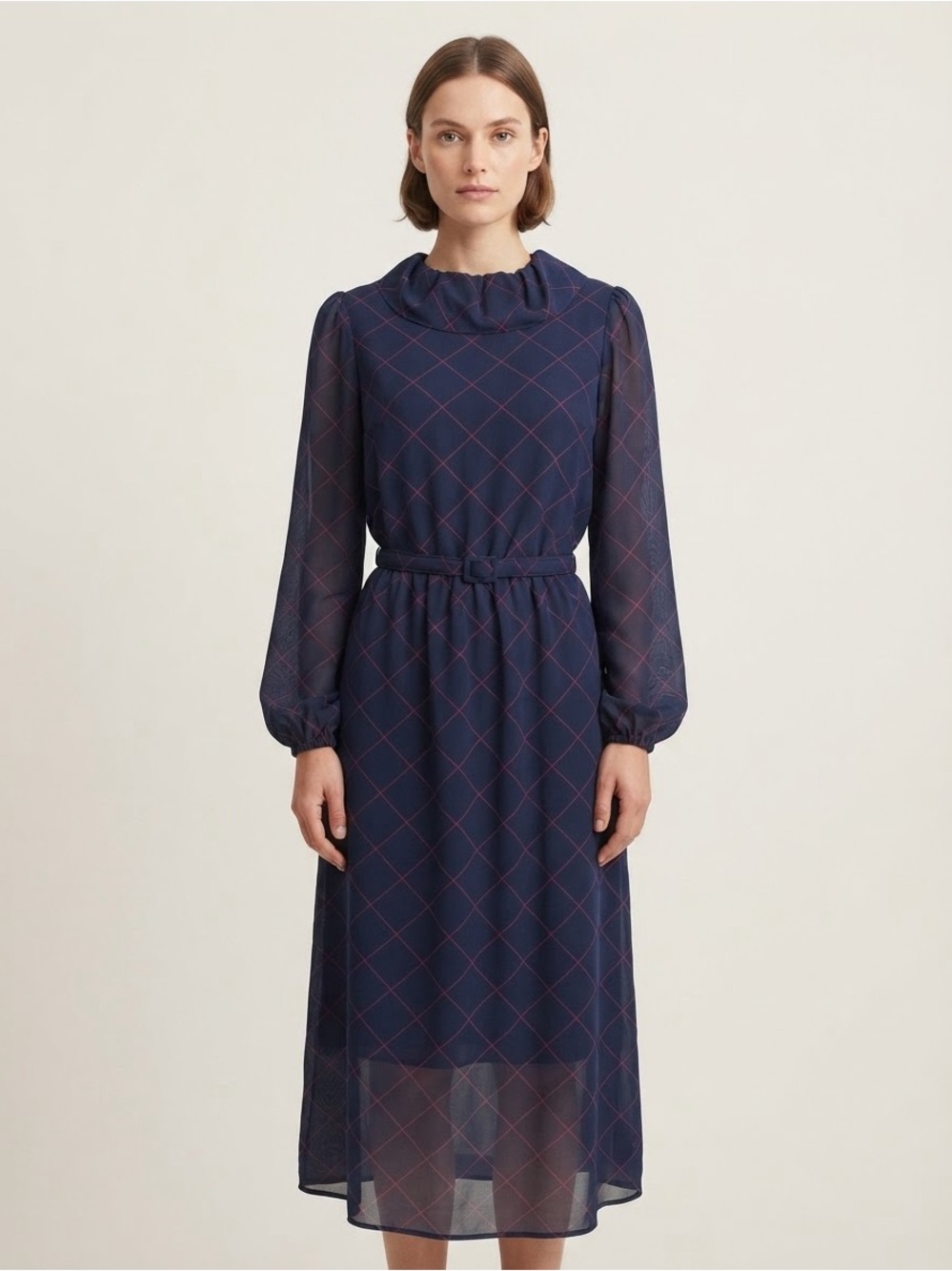 Vintage 80s Navy Diamond Print Sheer Blouson Dress Puff Sleeve Belted Midi chic
